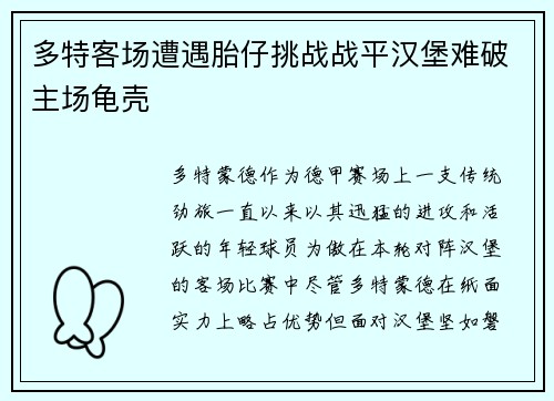 多特客场遭遇胎仔挑战战平汉堡难破主场龟壳