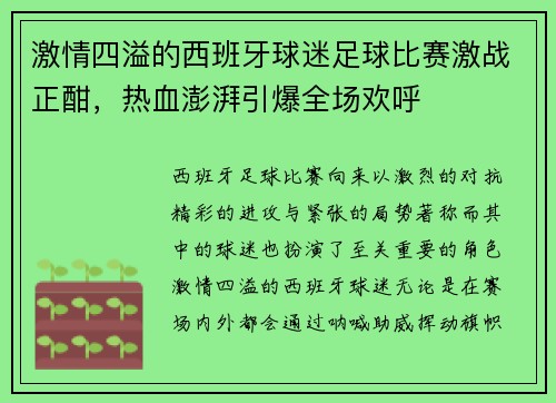 激情四溢的西班牙球迷足球比赛激战正酣，热血澎湃引爆全场欢呼