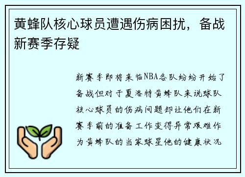 黄蜂队核心球员遭遇伤病困扰，备战新赛季存疑