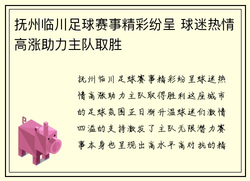 抚州临川足球赛事精彩纷呈 球迷热情高涨助力主队取胜