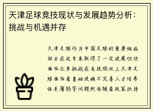天津足球竞技现状与发展趋势分析：挑战与机遇并存