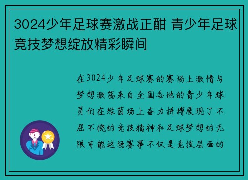 3024少年足球赛激战正酣 青少年足球竞技梦想绽放精彩瞬间