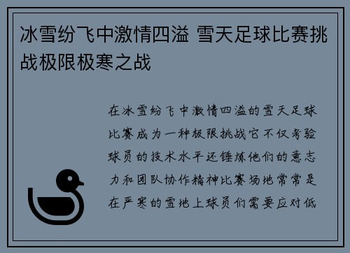 冰雪纷飞中激情四溢 雪天足球比赛挑战极限极寒之战