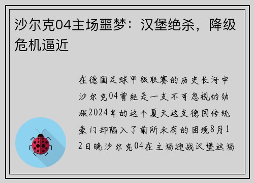 沙尔克04主场噩梦：汉堡绝杀，降级危机逼近