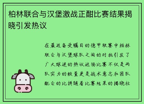 柏林联合与汉堡激战正酣比赛结果揭晓引发热议