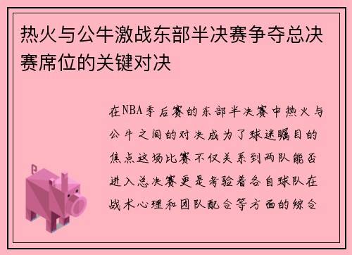 热火与公牛激战东部半决赛争夺总决赛席位的关键对决