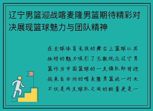 辽宁男篮迎战喀麦隆男篮期待精彩对决展现篮球魅力与团队精神