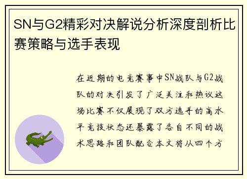 SN与G2精彩对决解说分析深度剖析比赛策略与选手表现