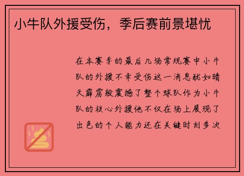 小牛队外援受伤，季后赛前景堪忧