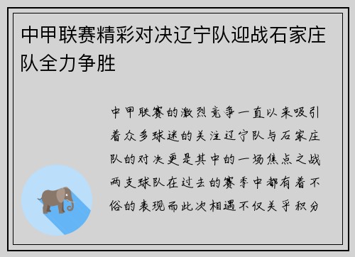 中甲联赛精彩对决辽宁队迎战石家庄队全力争胜