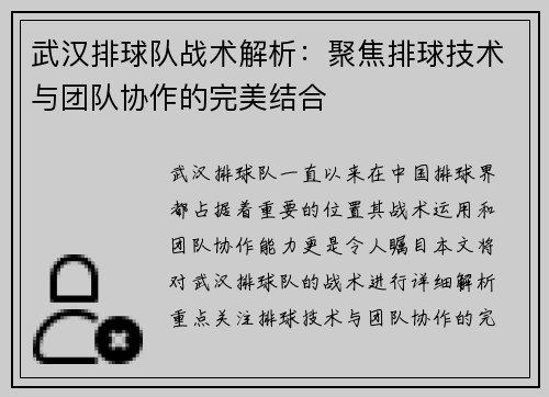 武汉排球队战术解析：聚焦排球技术与团队协作的完美结合